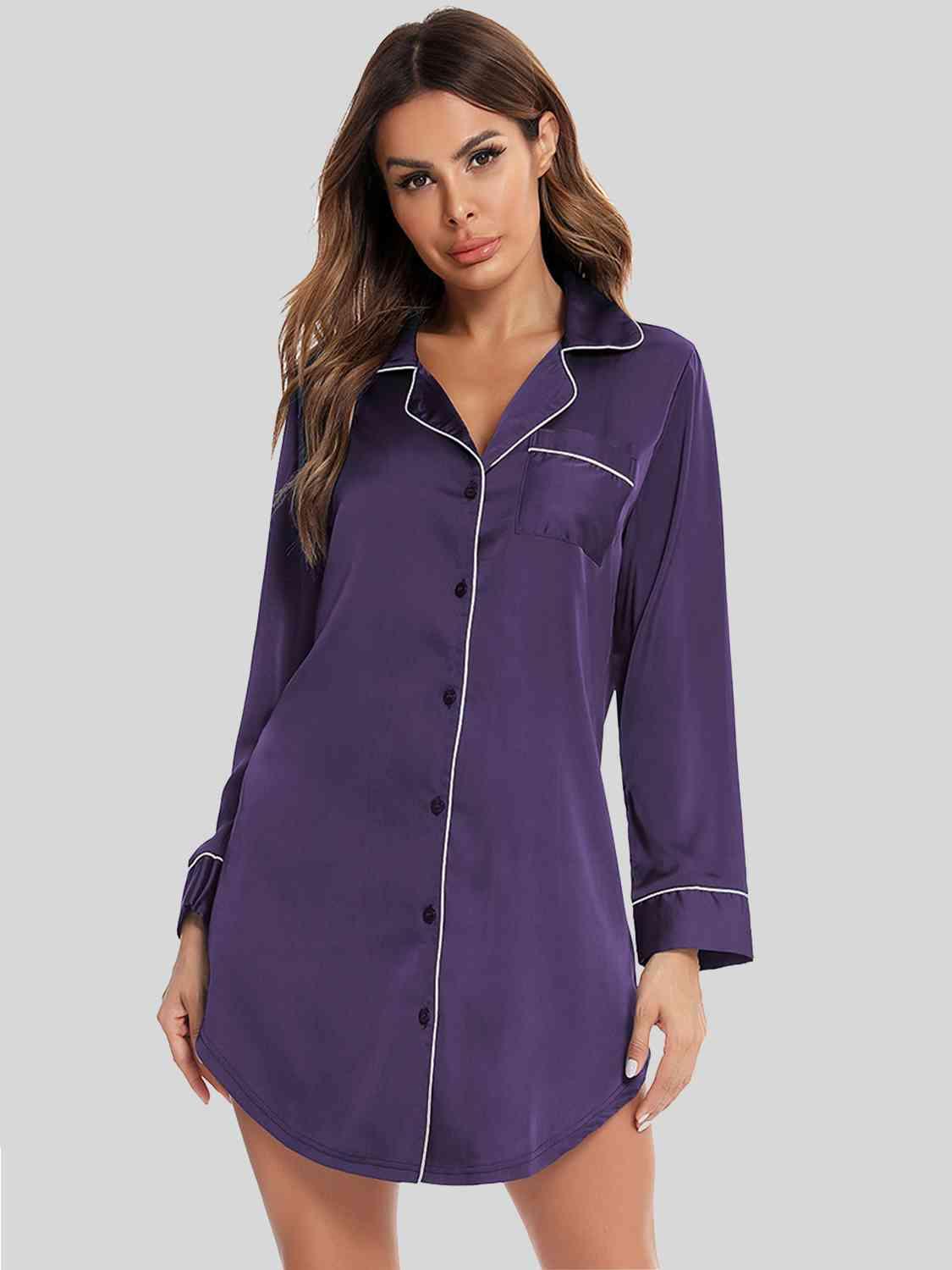 Button Up Lapel Collar Night Dress with Pocket Carauana Store