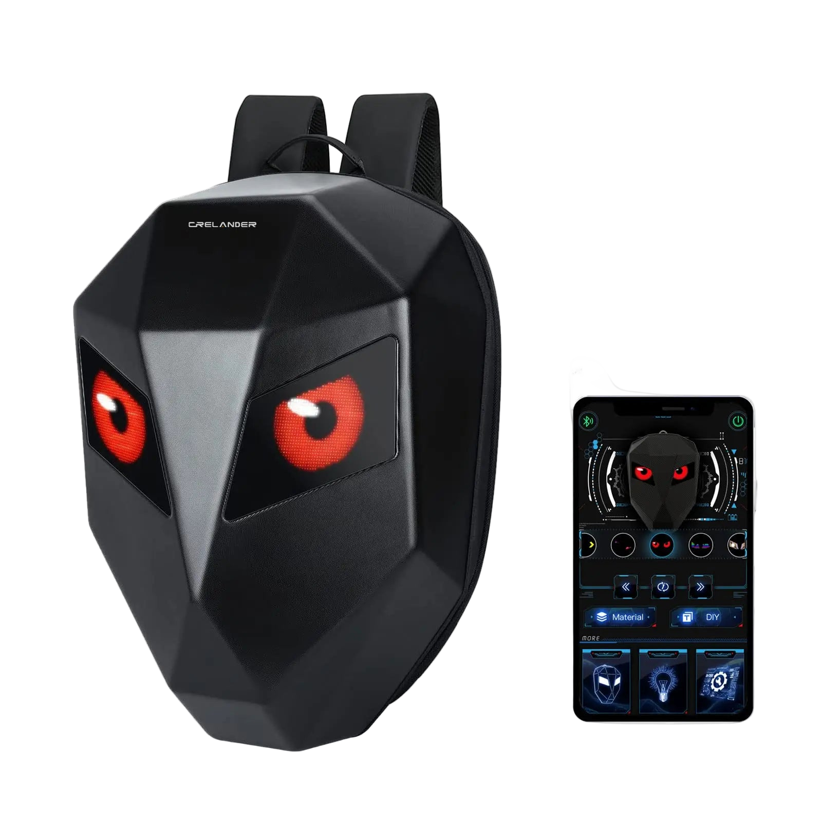 Black backpack with red eyes and a remote control device on a white background