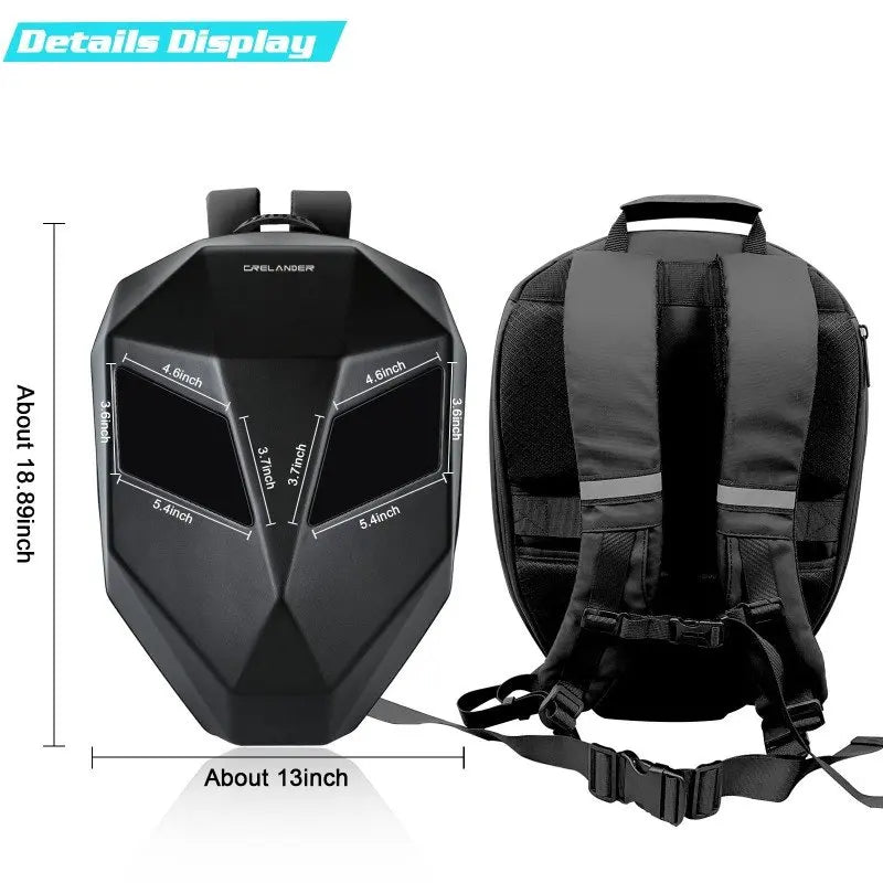 Black backpack with measurements on a white background