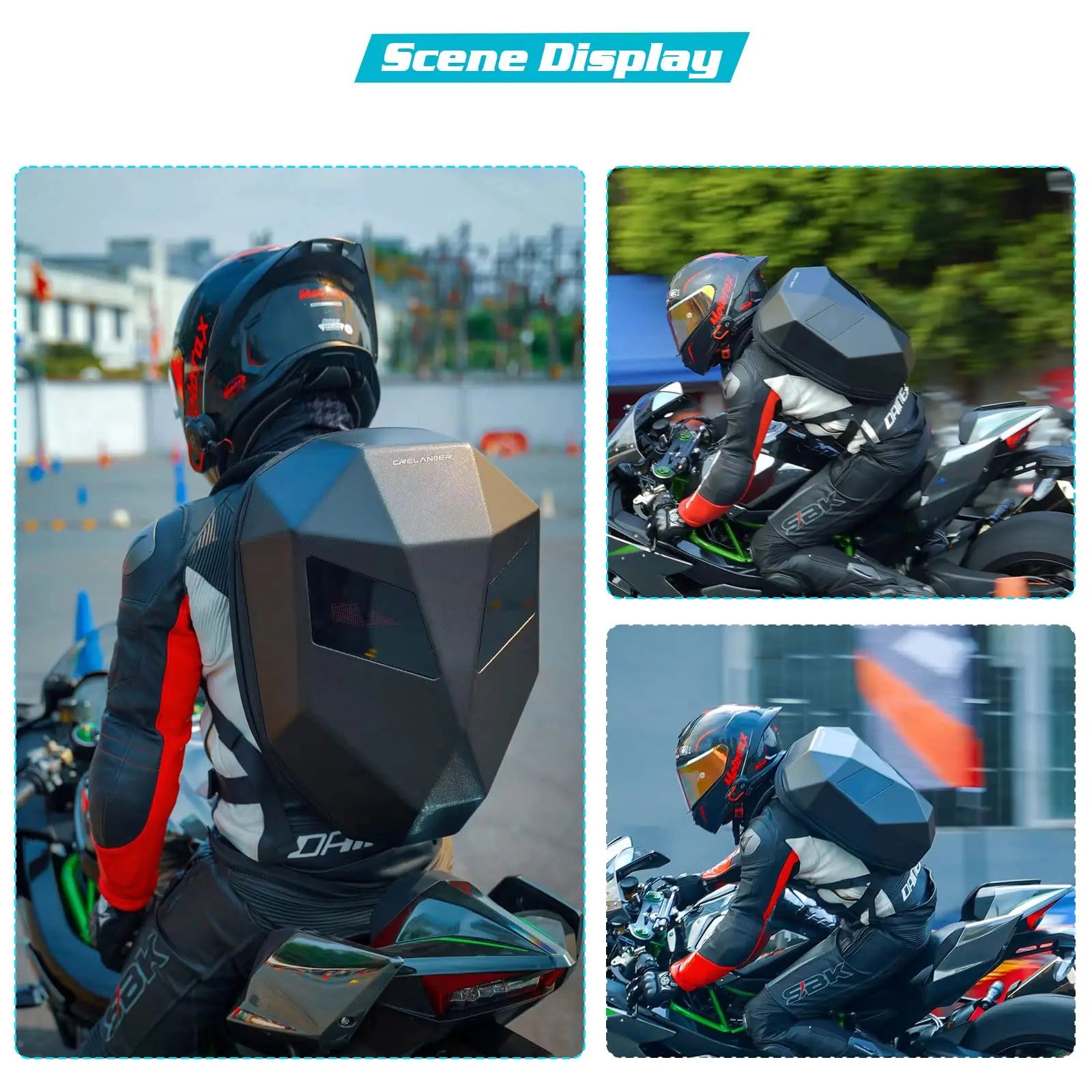 Motorcyclist wearing a helmet and riding gear on a racetrack with 'Scene Display' branding.