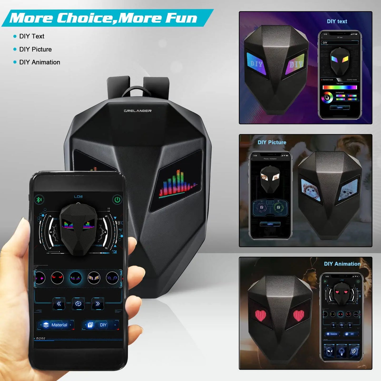 Black electronic device with smartphone app control, featuring DIY text, picture, and animation options.