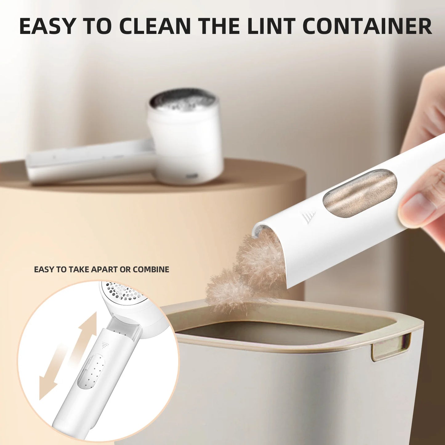 Cleaning a lint container with text indicating ease of cleaning and parts being taken apart.