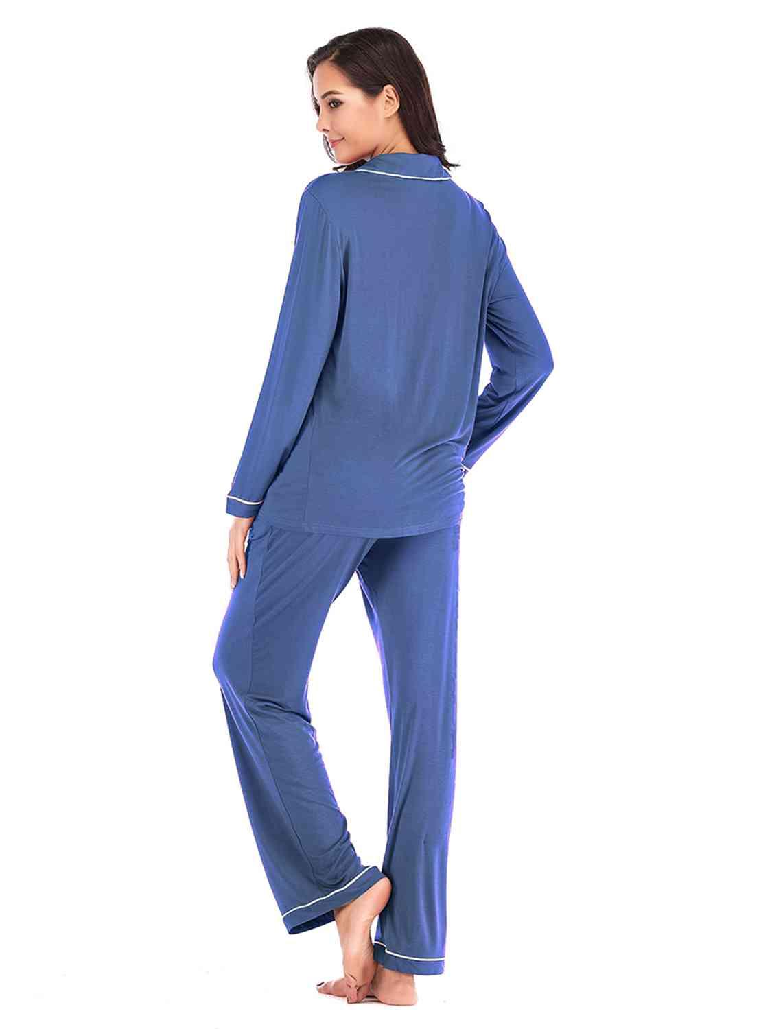Collared Neck Long Sleeve Loungewear Set with Pockets Carauana Store