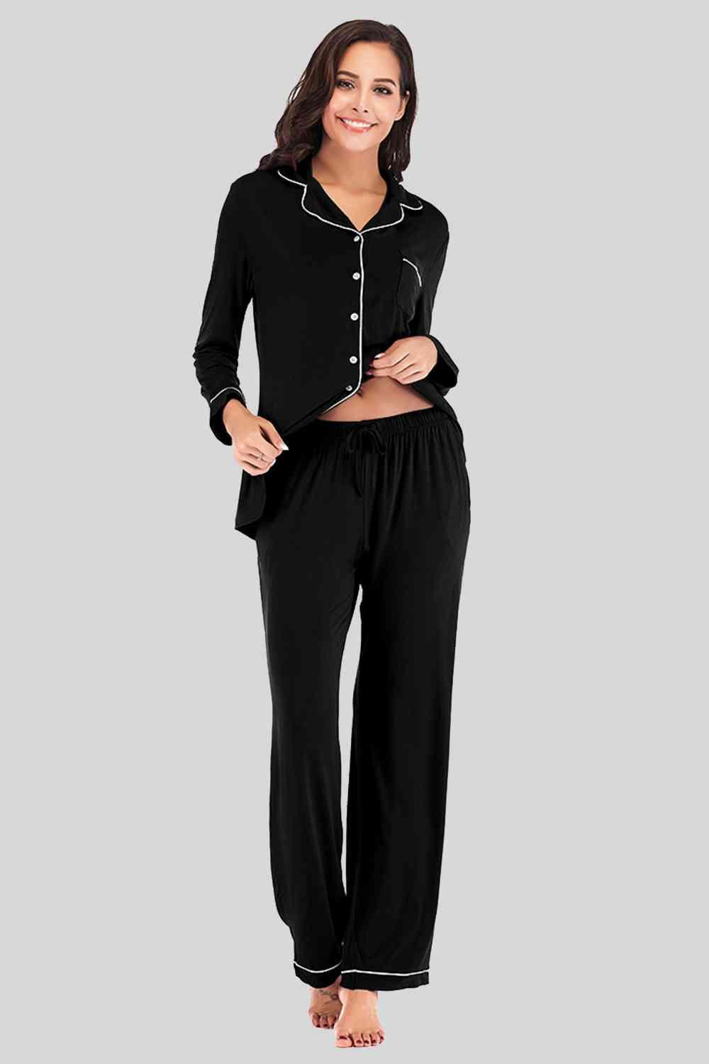 Collared Neck Long Sleeve Loungewear Set with Pockets Carauana Store