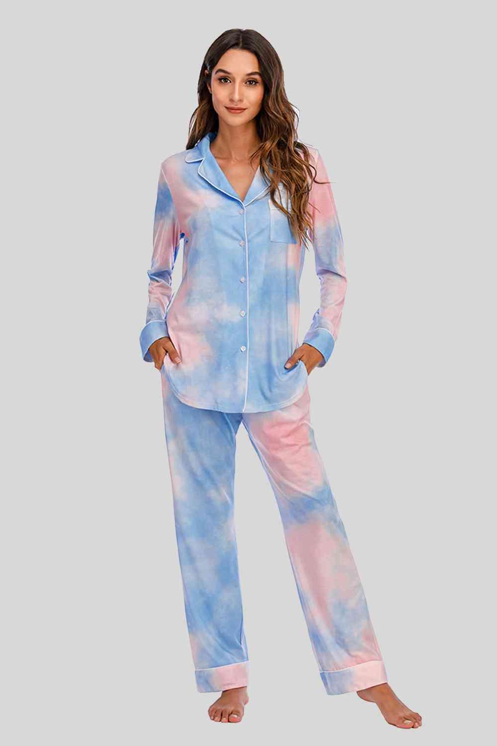 Collared Neck Long Sleeve Loungewear Set with Pockets Carauana Store