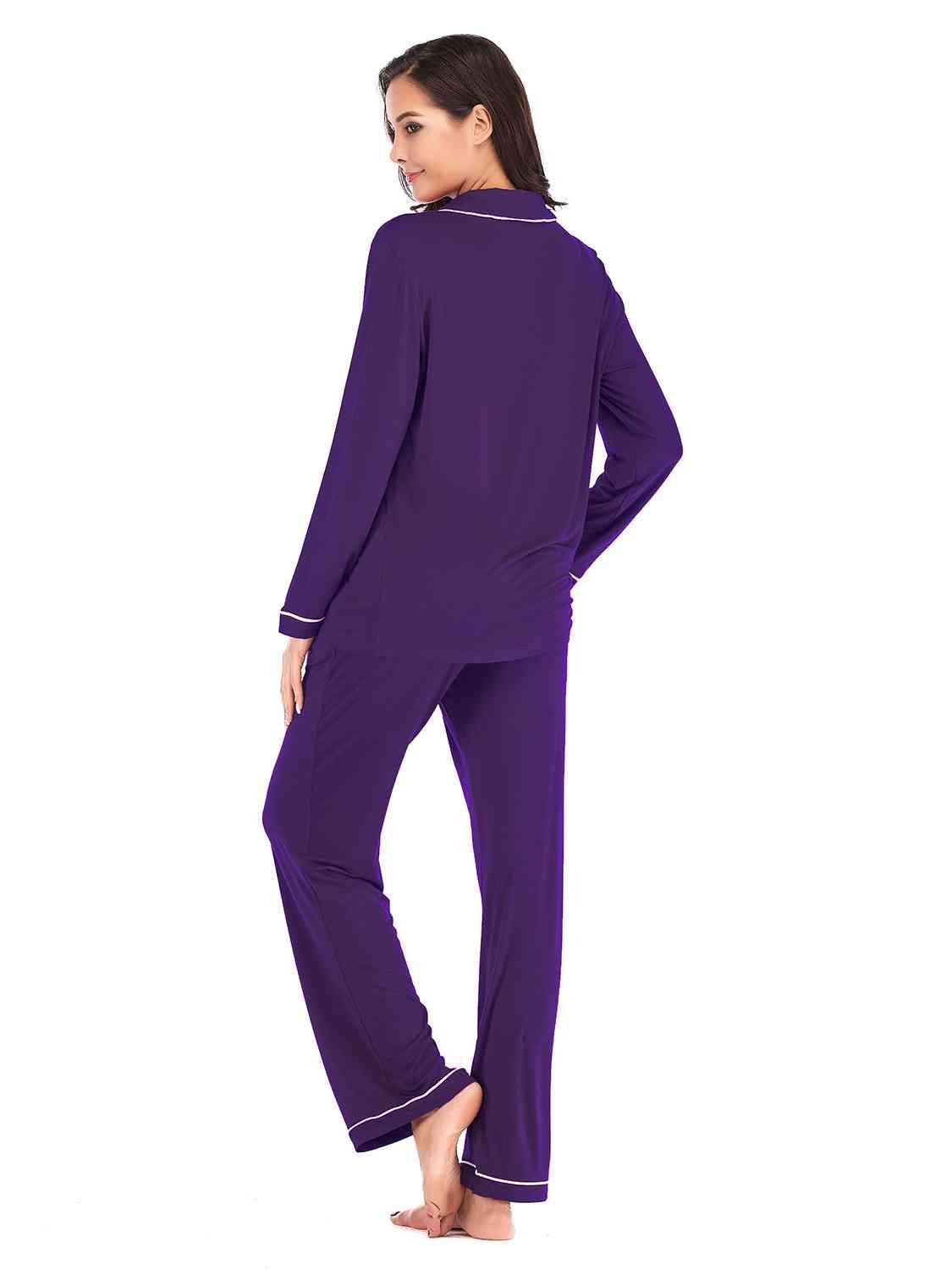 Collared Neck Long Sleeve Loungewear Set with Pockets Carauana Store