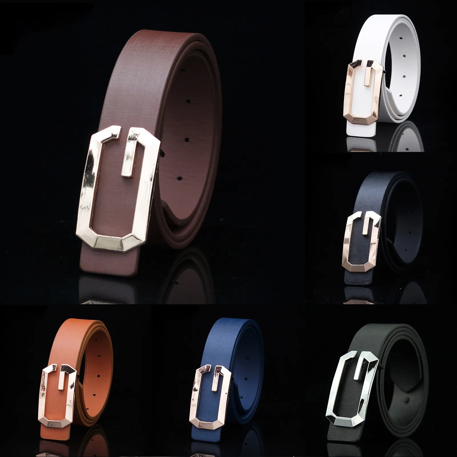 Collection of leather belts with silver buckles on a black background