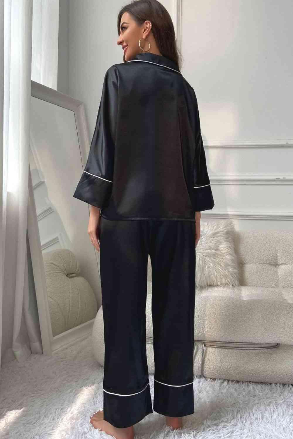 Contrast Piping Button-Up Top and Pants Pajama Set Carauana Store