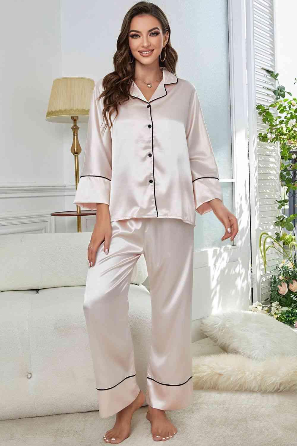 Contrast Piping Button-Up Top and Pants Pajama Set Carauana Store