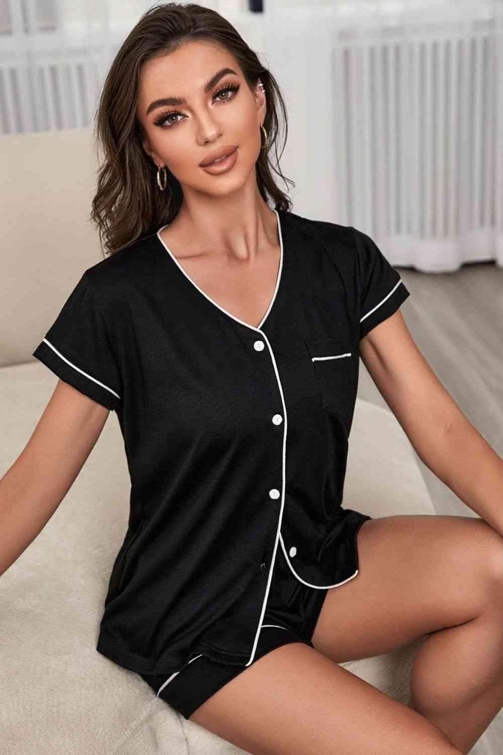 Contrast Piping Button-Up Top and Shorts Pajama Set Carauana Store