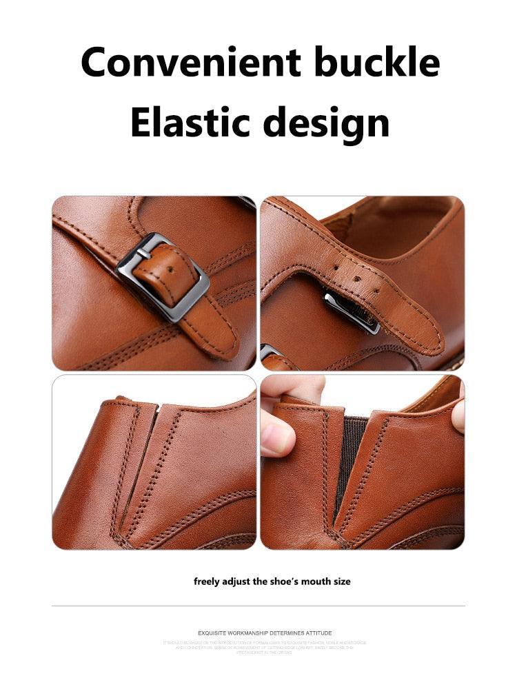 DESAI Monk Strap Slip on Genuine Leather Business Handmade Dress Brogue with Buckle Carauana Store