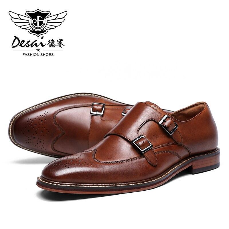 DESAI Monk Strap Slip on Genuine Leather Business Handmade Dress Brogue with Buckle Carauana Store