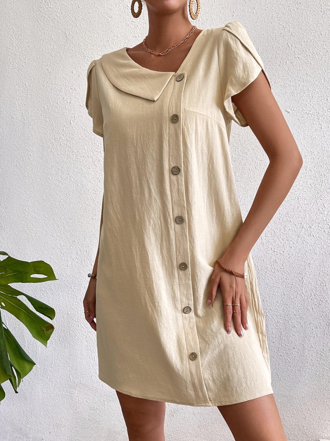 Decorative Button Asymmetrical Neck Short Sleeve Dress Carauana Store