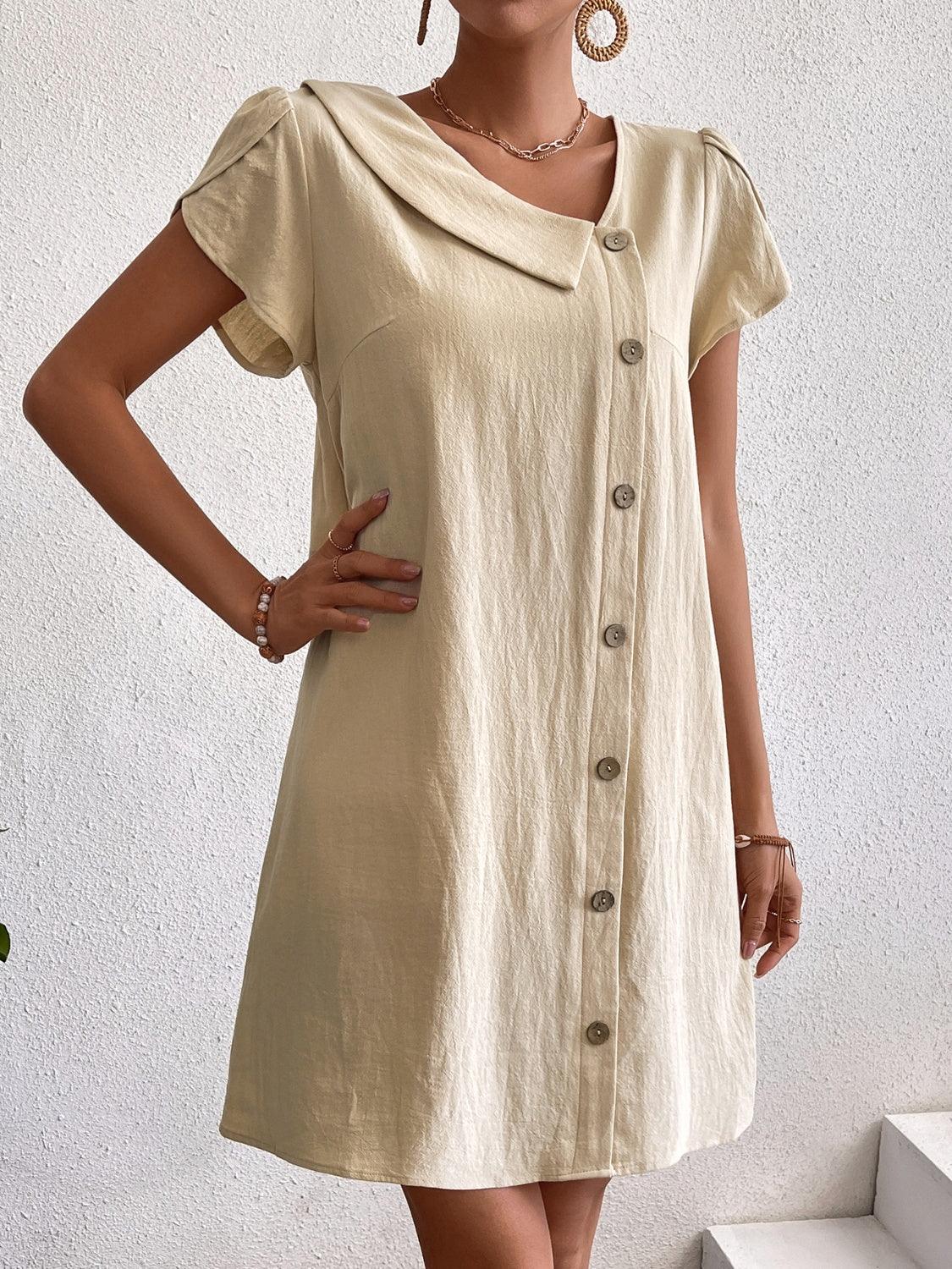 Decorative Button Asymmetrical Neck Short Sleeve Dress Carauana Store