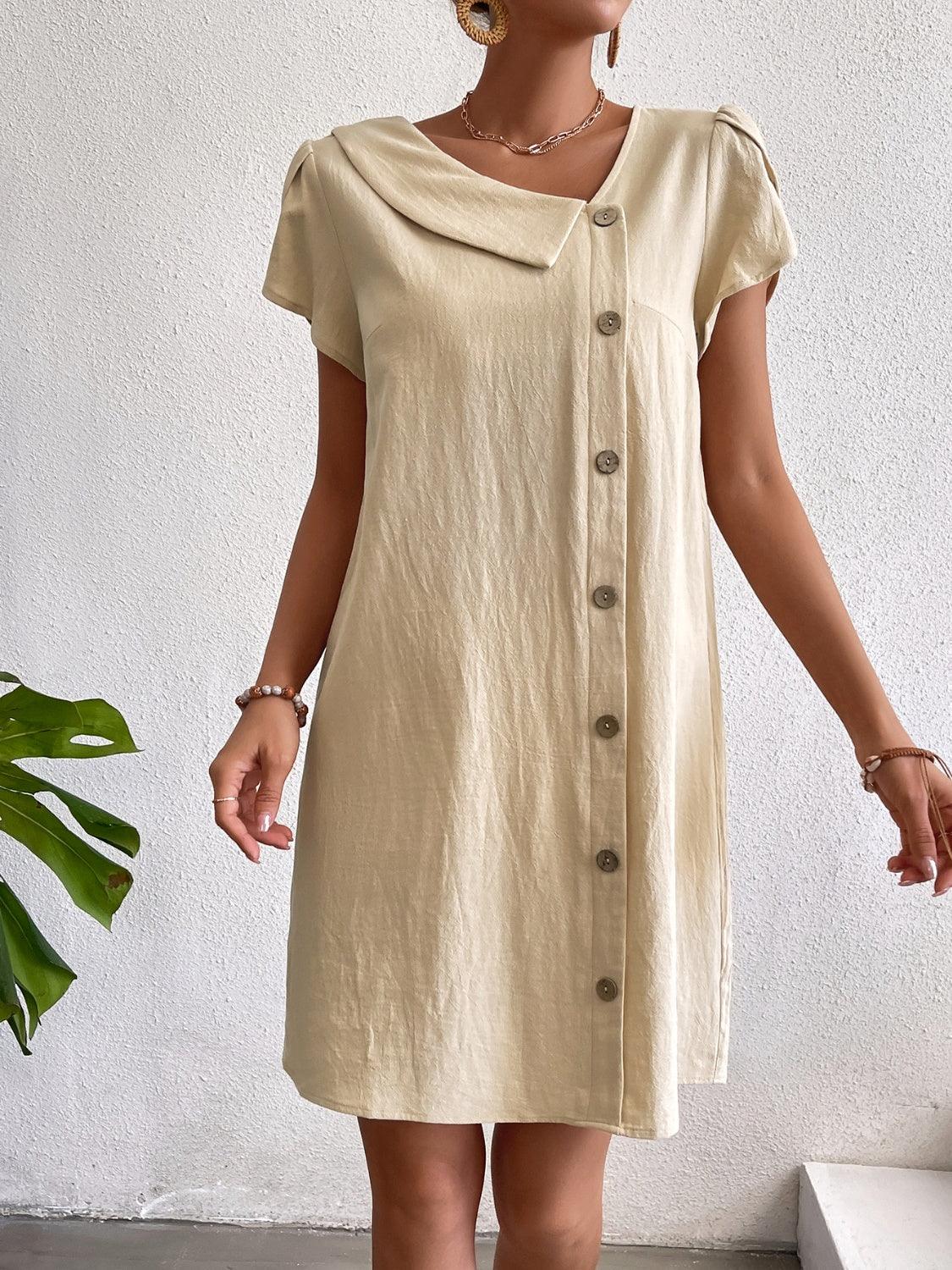 Decorative Button Asymmetrical Neck Short Sleeve Dress Carauana Store