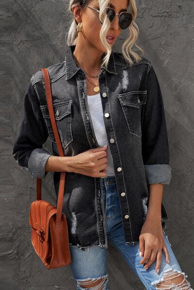 Distressed Button Up Raw Hem Denim Jacket Carauana Store