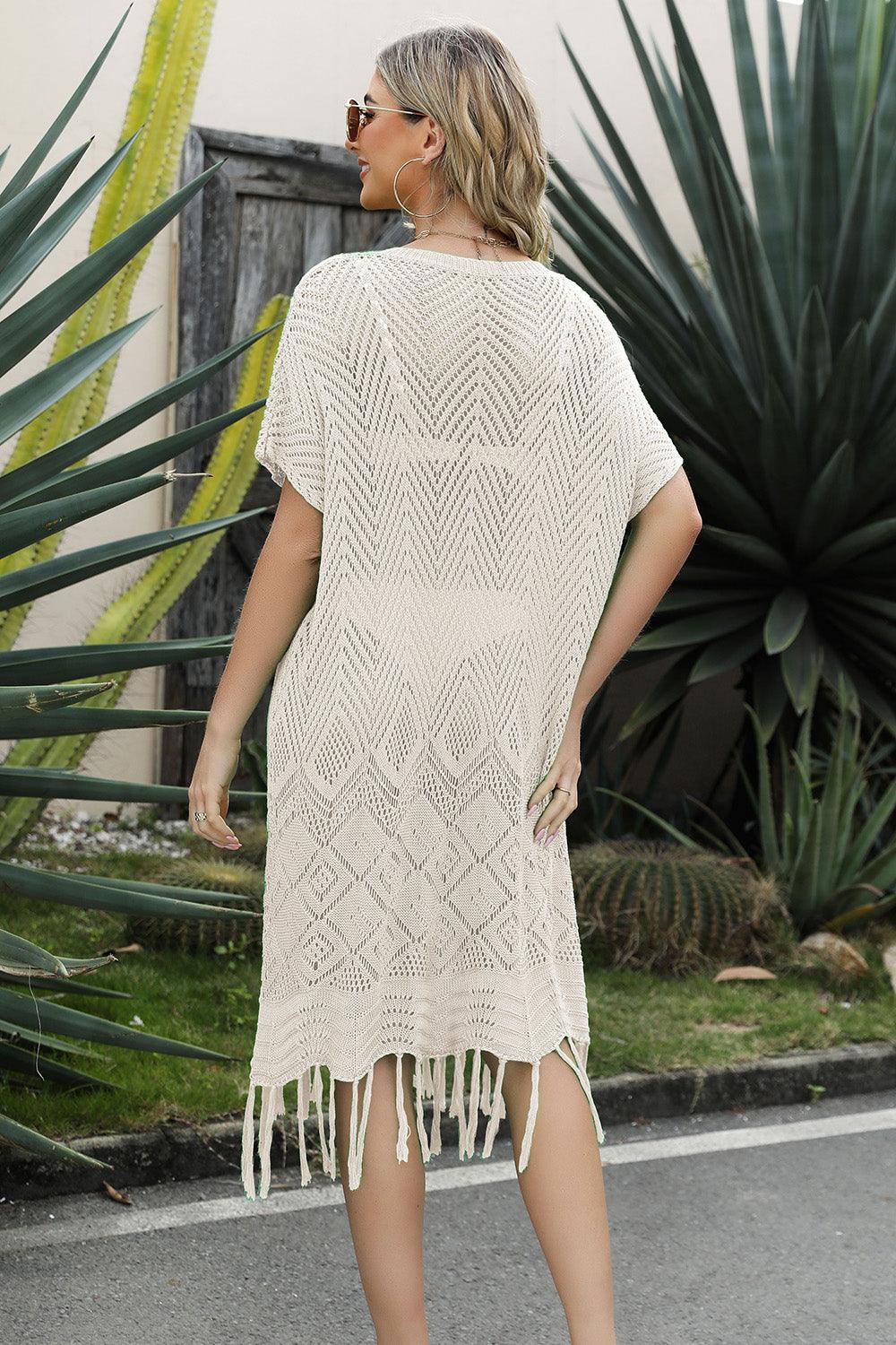 Double Take Eyelet Fringe Hem Longline Knit Cover Up Carauana Store