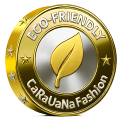 Eco-friendly certification logo with a gold leaf from CaRaUaNa Fashion