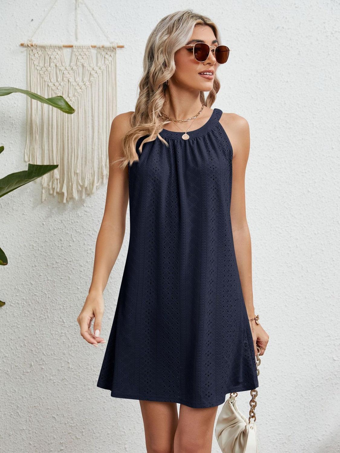 Eyelet Grecian Neck Mini Dress Carauana Store