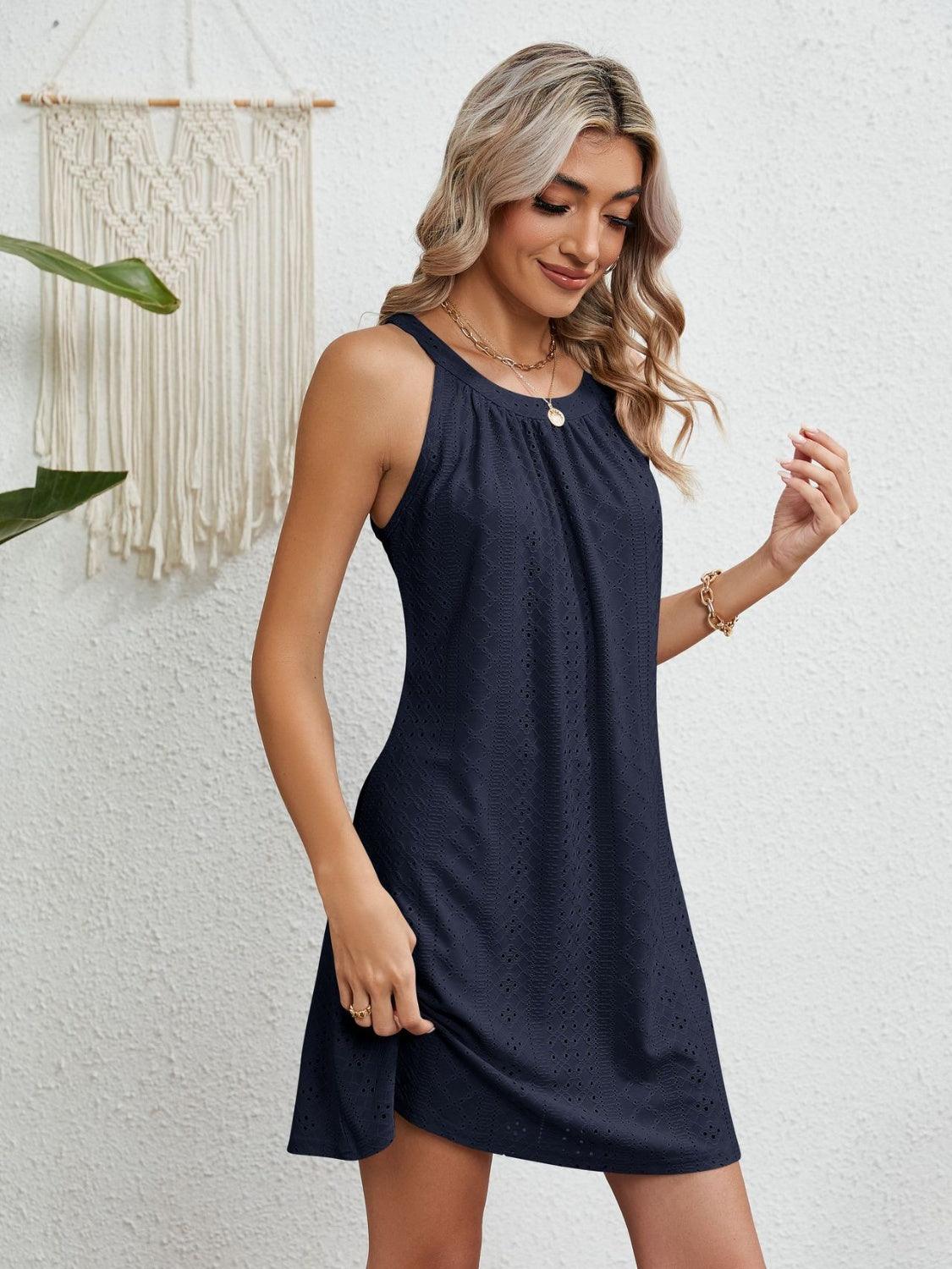 Eyelet Grecian Neck Mini Dress Carauana Store