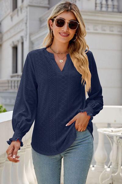 Eyelet Notched Lantern Sleeve T-Shirt Carauana Store
