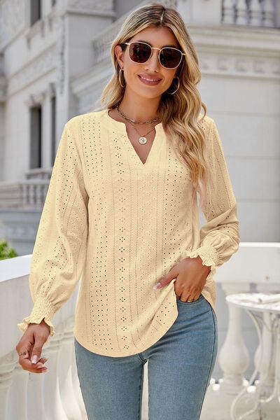 Eyelet Notched Lantern Sleeve T-Shirt Carauana Store