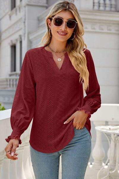 Eyelet Notched Lantern Sleeve T-Shirt Carauana Store