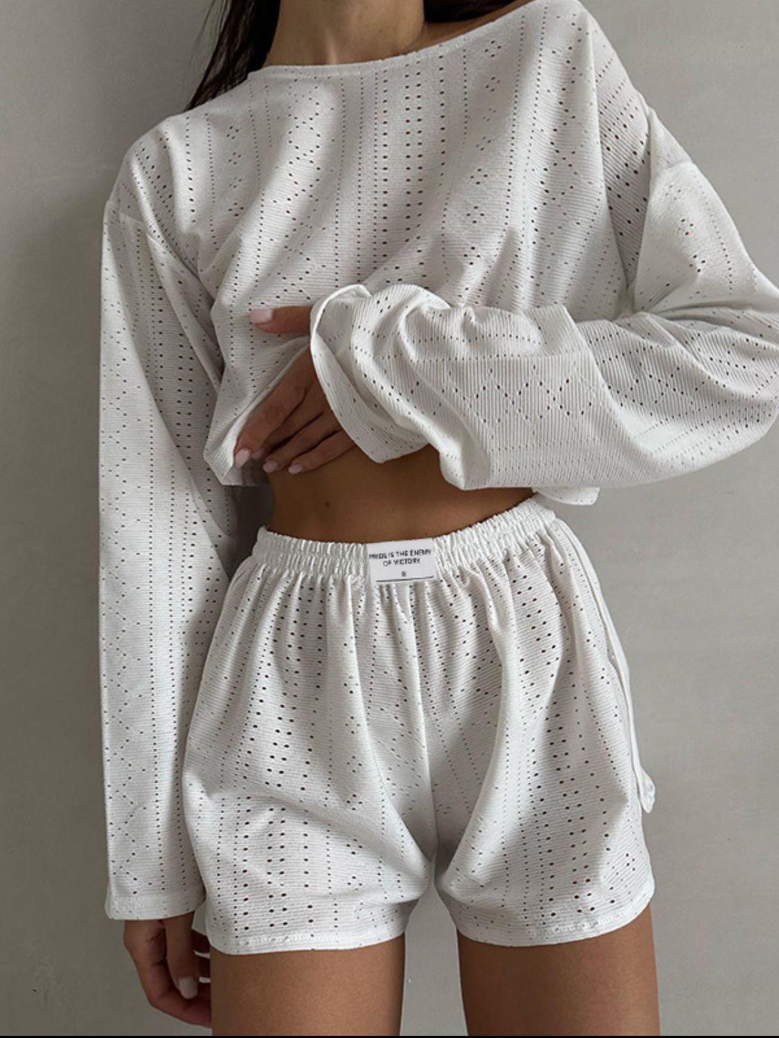 Eyelet Round Neck Top and Shorts Set Carauana Store