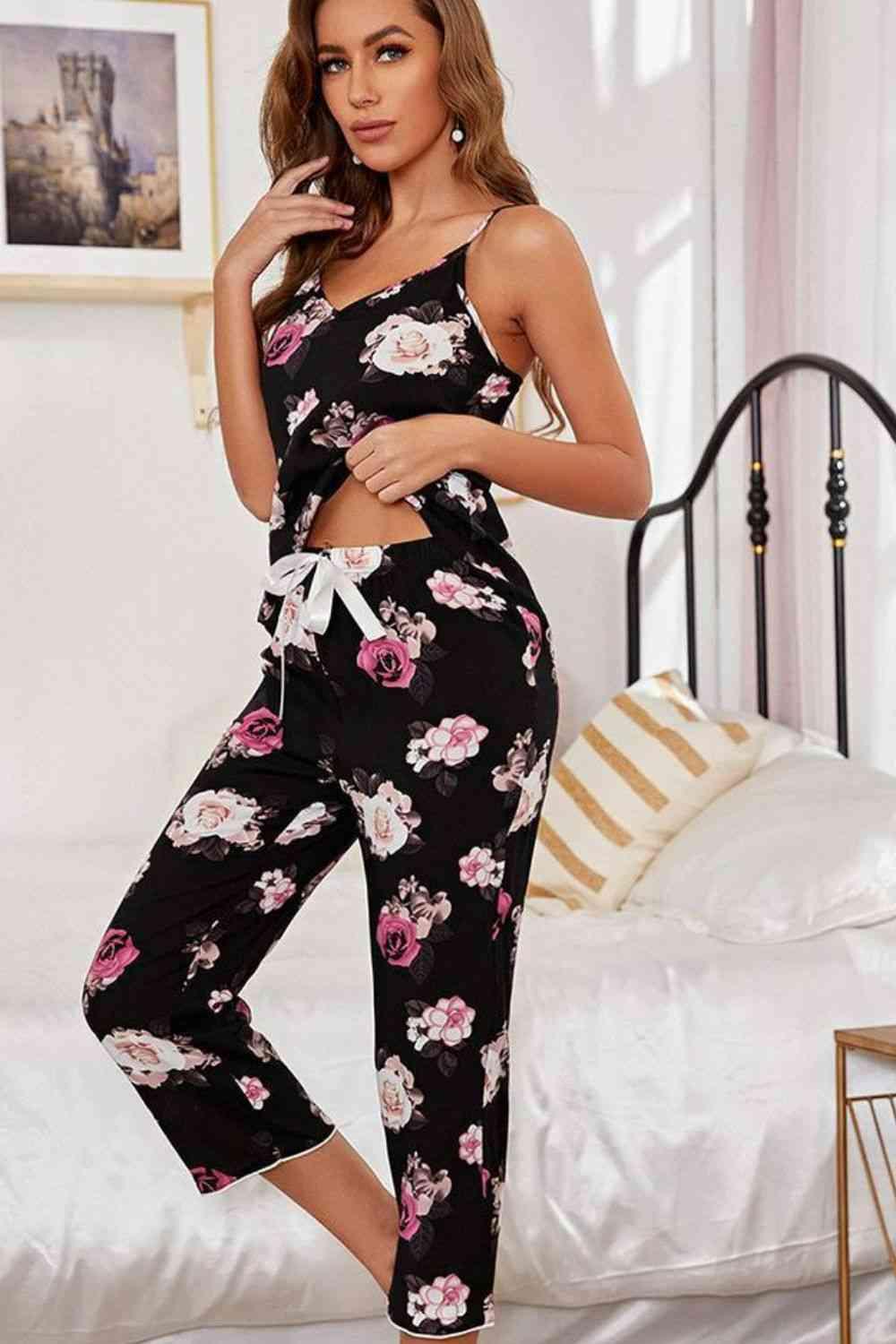 Floral V-Neck Cami and Cropped Pants Lounge Set Carauana Store
