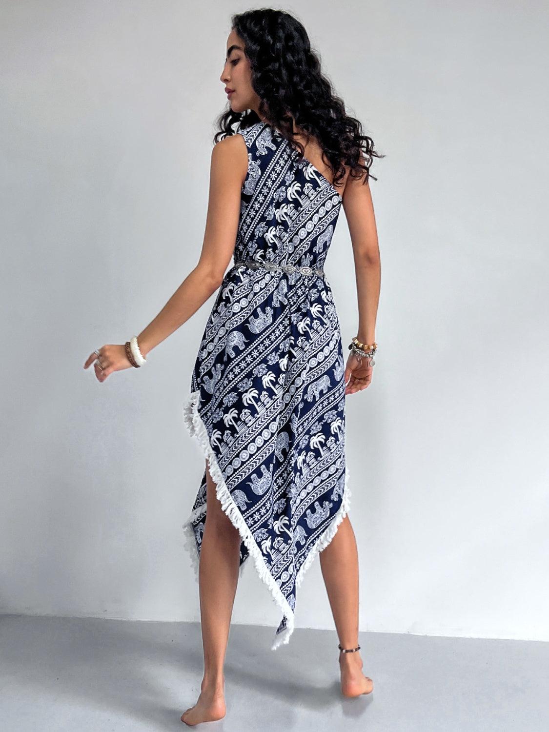 Fringe Printed Single Shoulder Dress Carauana Store