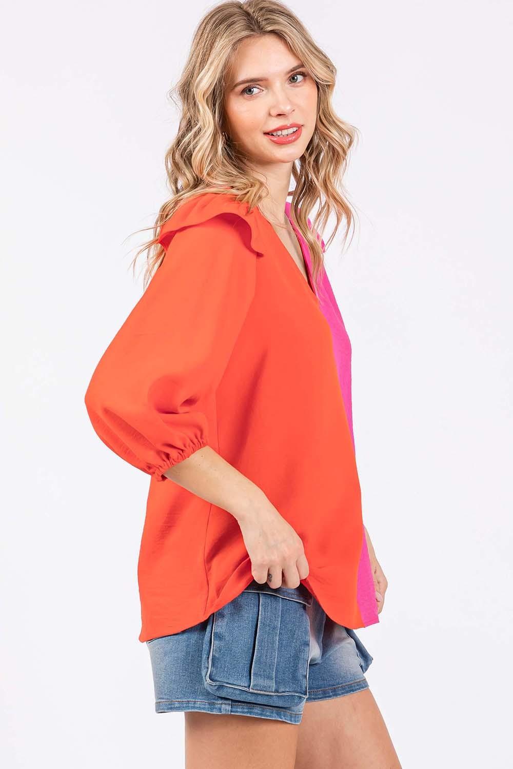 GeeGee Full Size Ruffle Trim Contrast Blouse Carauana Store