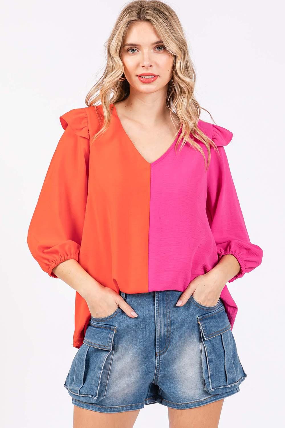 GeeGee Full Size Ruffle Trim Contrast Blouse Carauana Store