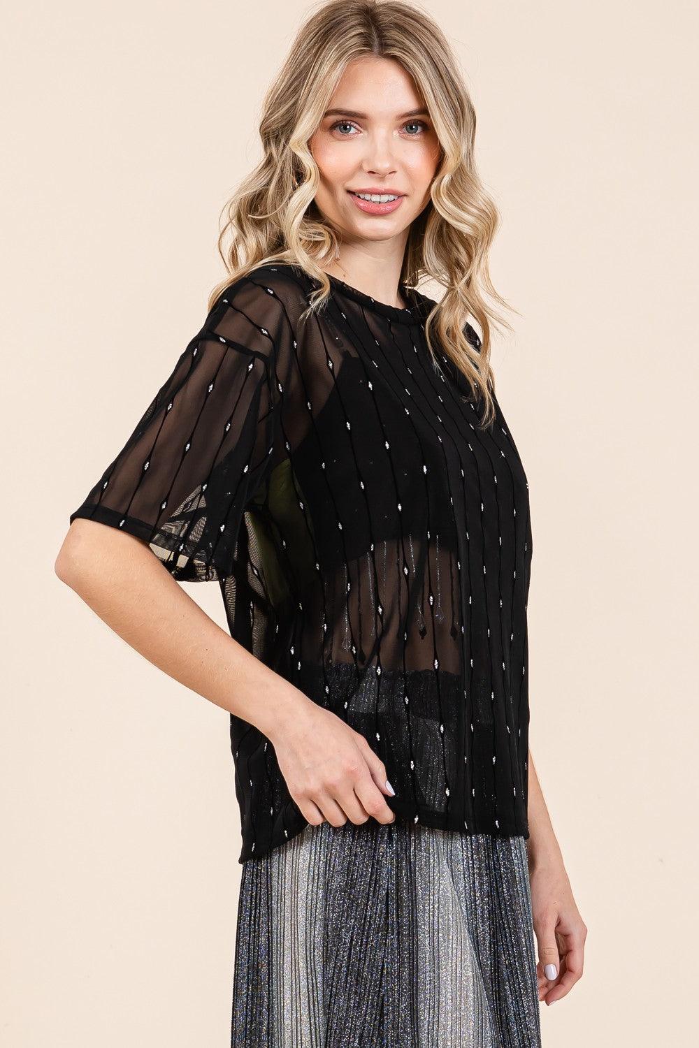 GeeGee Round Neck Drop Shoulder Mesh Glitter Top Carauana Store