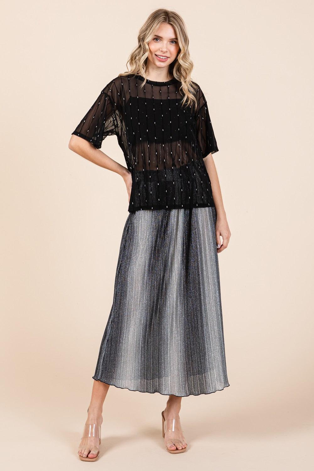 GeeGee Round Neck Drop Shoulder Mesh Glitter Top Carauana Store