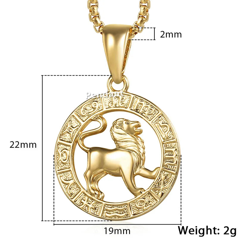 Gold lion pendant necklace with measurements on a white background