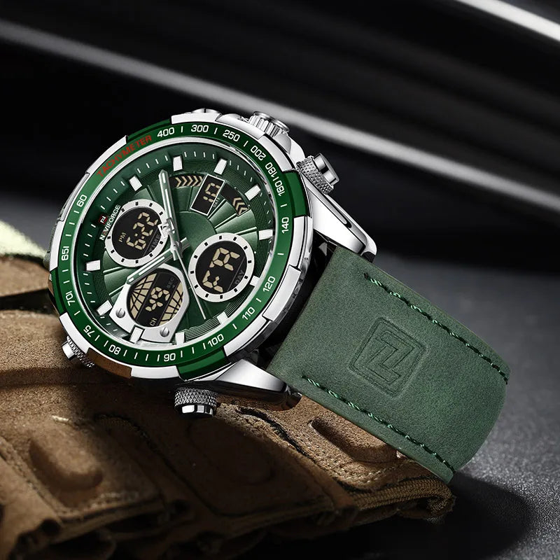 Green watch with a green strap on a dark background