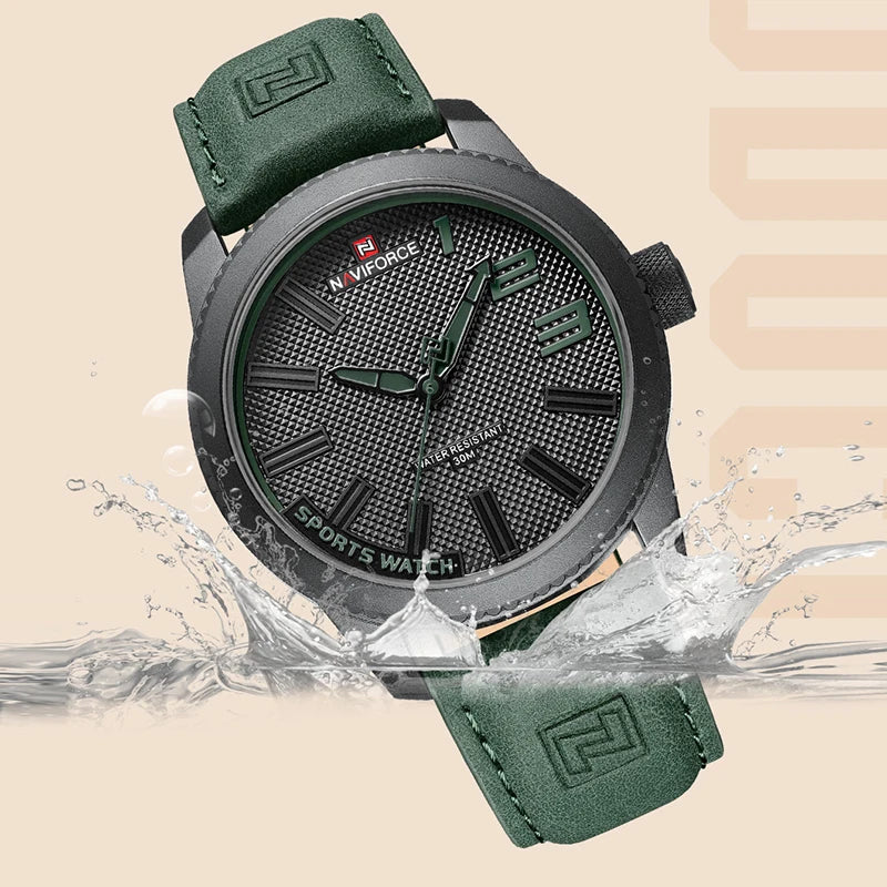 Green wristwatch with water splash design on a beige background