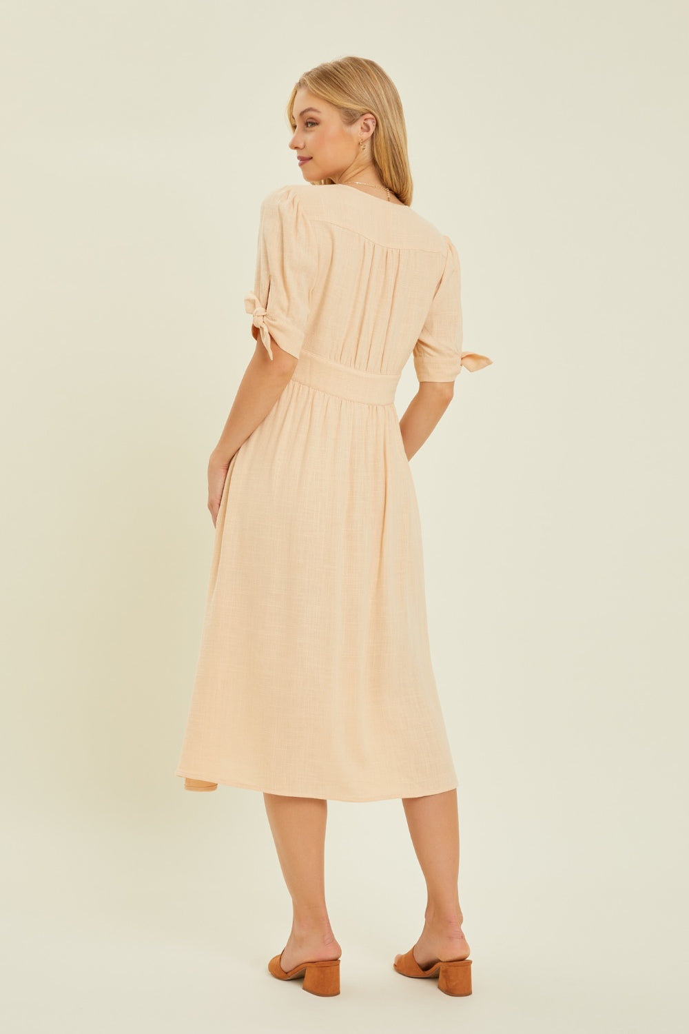HEYSON Full Size Textured Linen V-Neck Button-Down Midi Dress Carauana Store