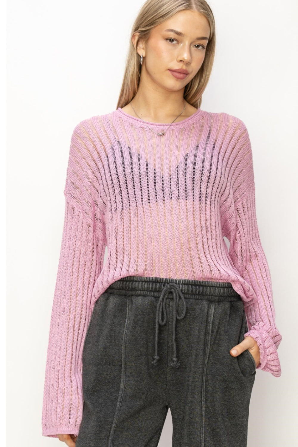 HYFVE Openwork Ribbed Long Sleeve Knit Top Carauana Store