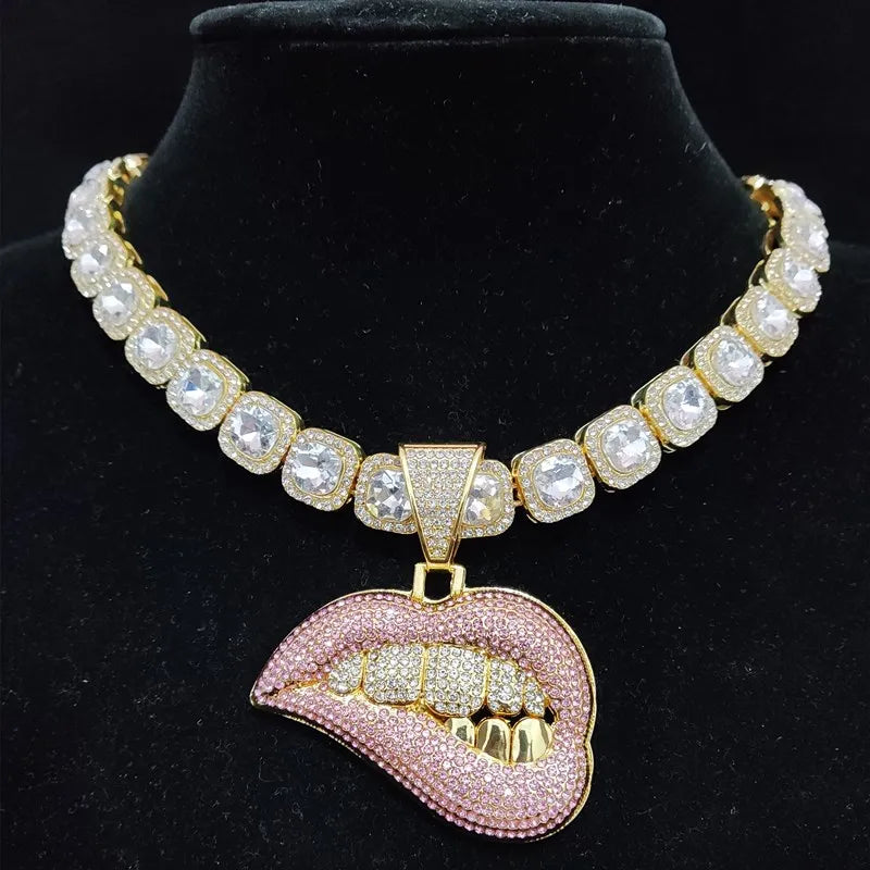 ZIDOM Bite Lip Necklace – Rhinestone Pendant CaRaUaNa Fashion