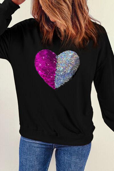 Heart Sequin Round Neck Dropped Shoulder Sweatshirt Carauana Store