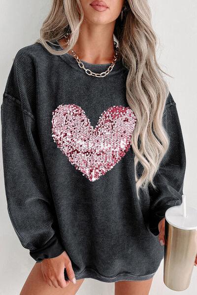 Heart Sequin Round Neck Sweatshirt Carauana Store
