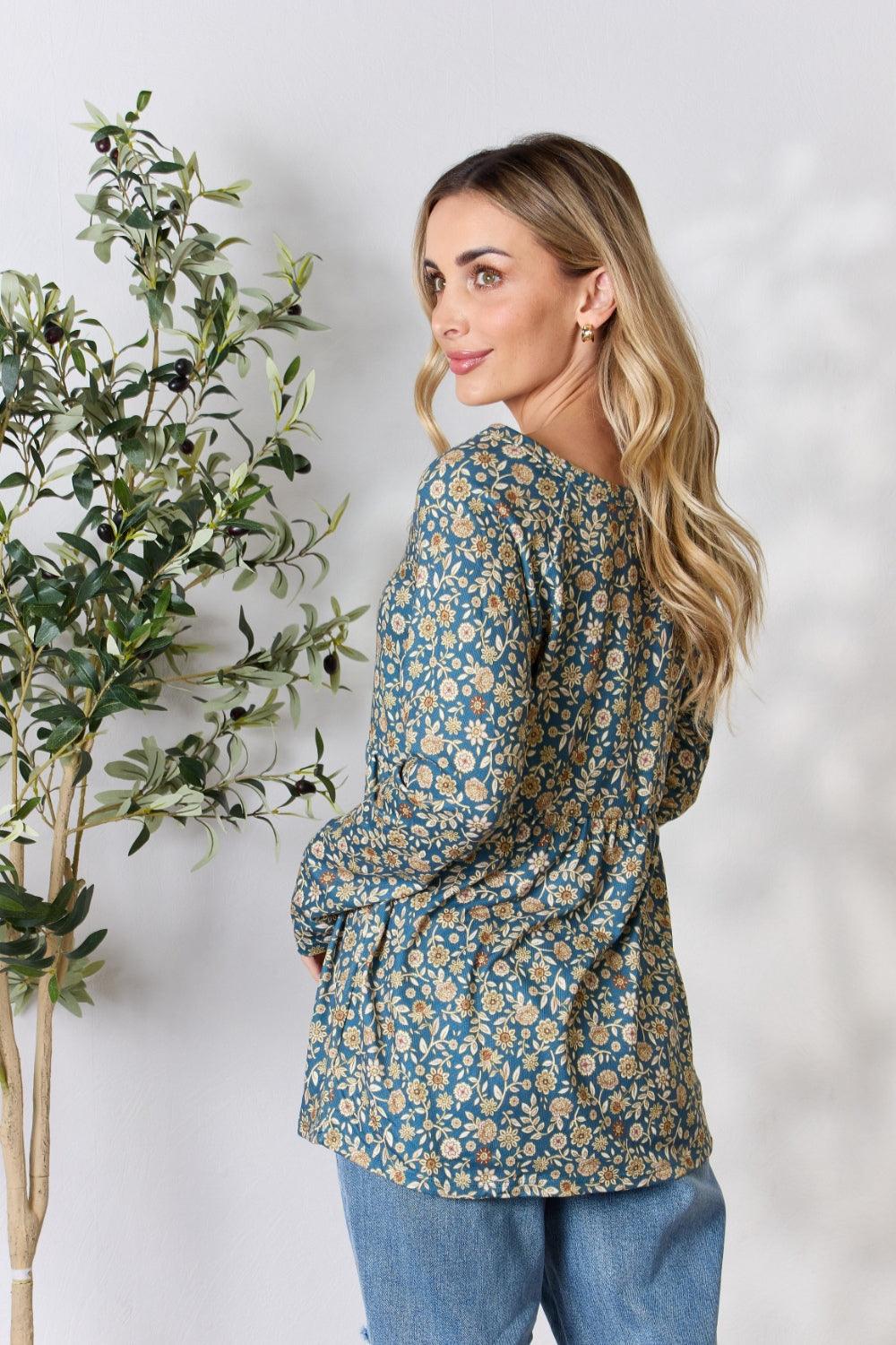 Heimish Full Size Floral Half Button Long Sleeve Blouse Carauana Store