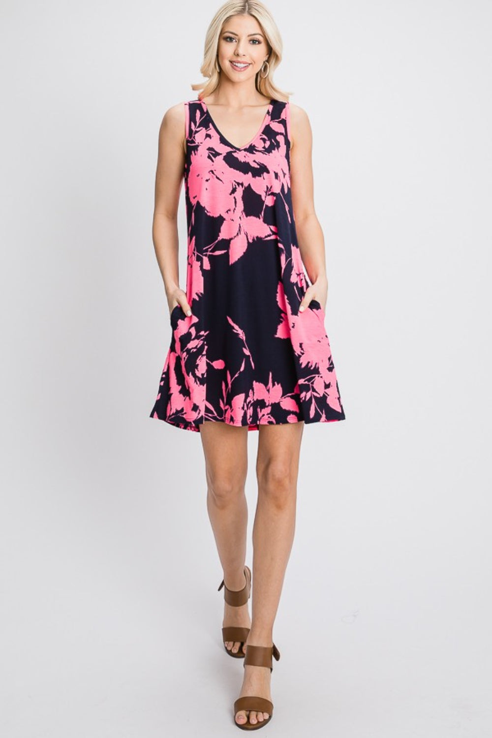 Heimish Full Size Floral V-Neck Tank Dress with Pockets Carauana Store