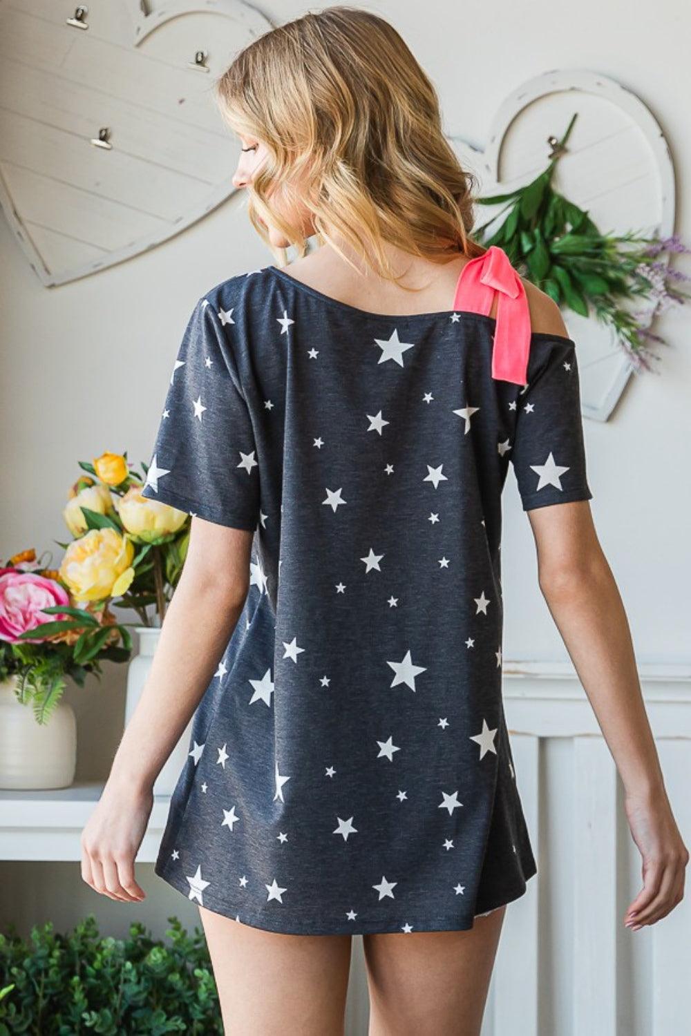 Heimish Full Size Star Print Asymmetrical Neck Short Sleeve Top Carauana Store