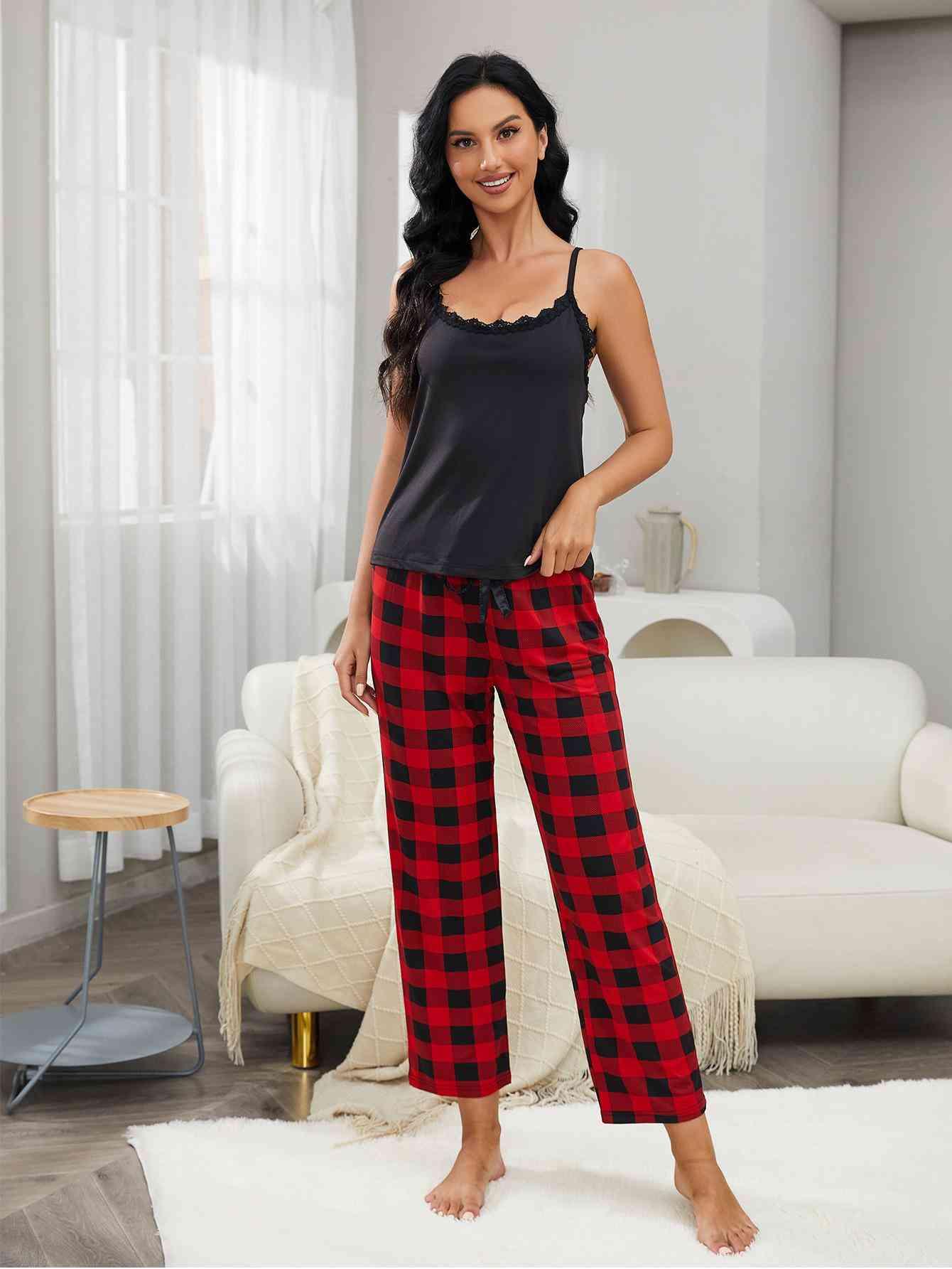 Lace Trim Cami and Plaid Pants Lounge Set Carauana Store