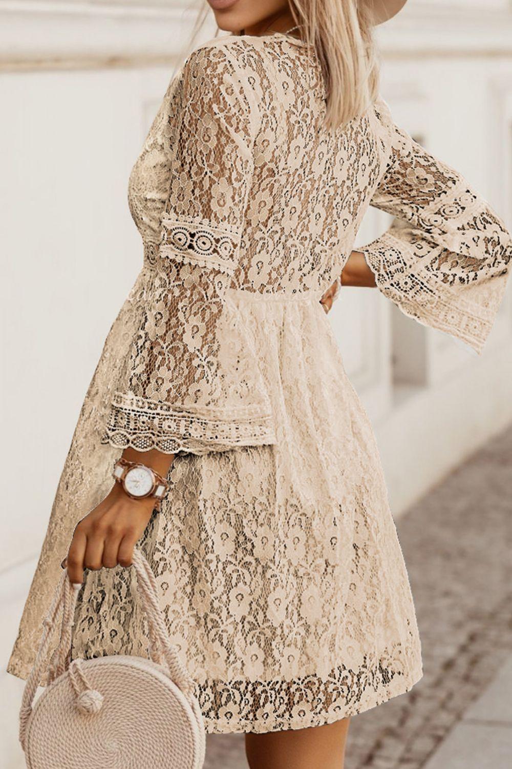 Lace V-Neck Three-Quarter Sleeve Dress Carauana Store