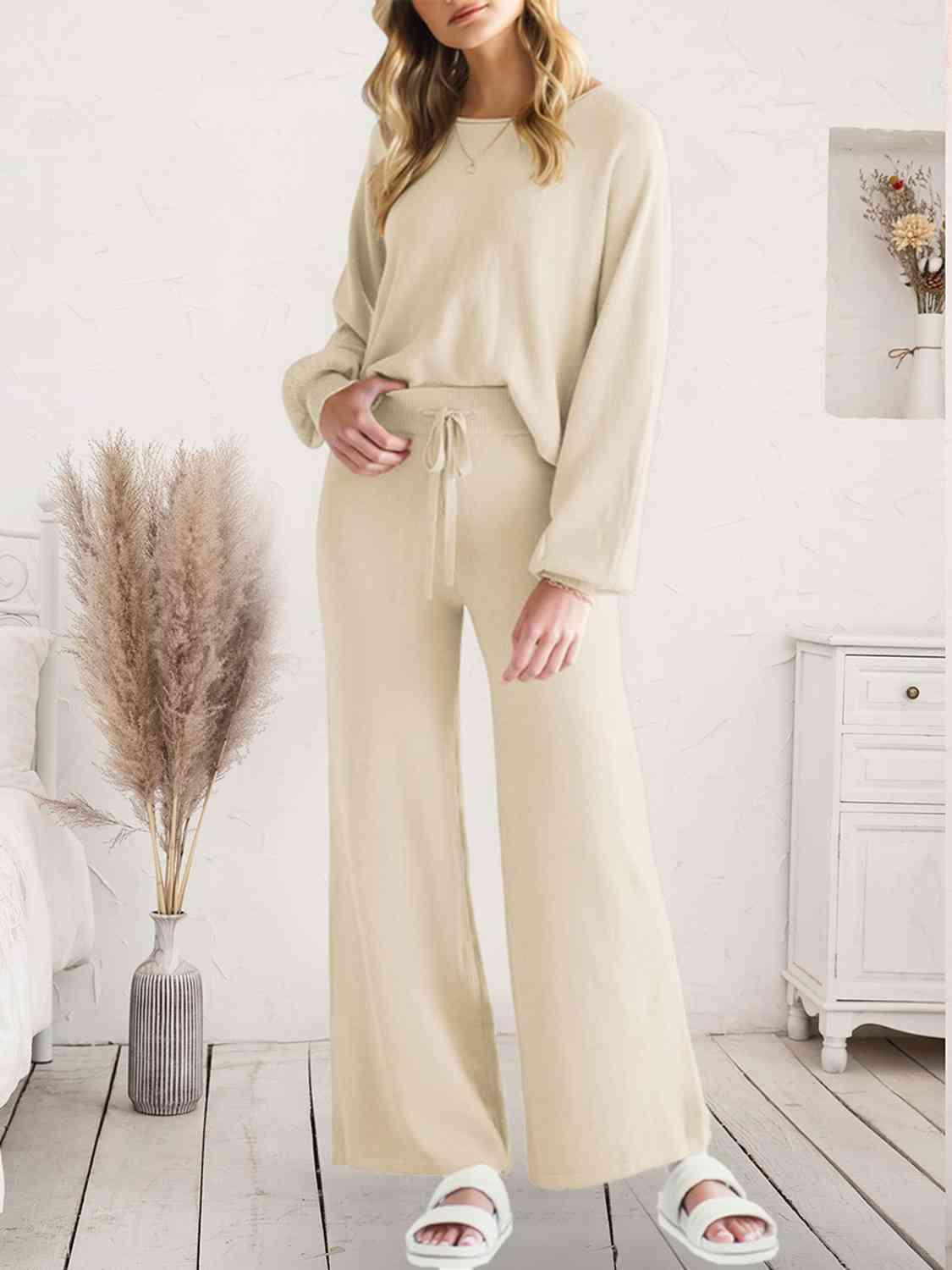 Long Sleeve Lounge Top and Drawstring Pants Set Carauana Store