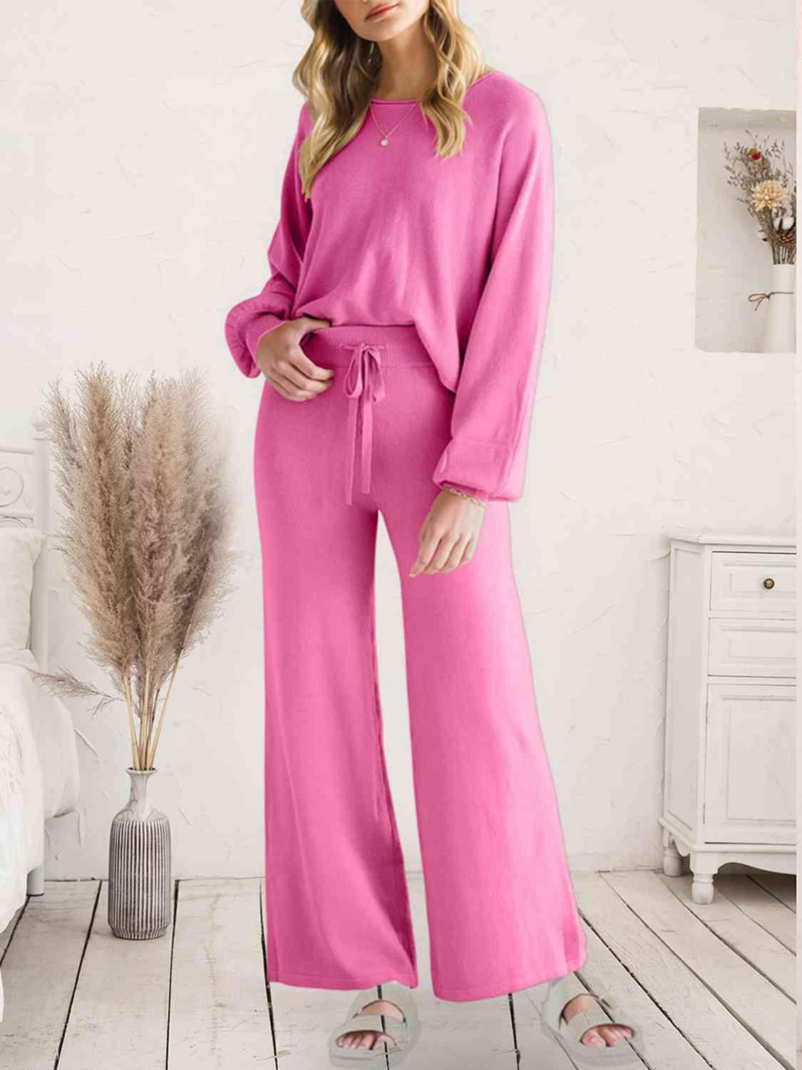 Long Sleeve Lounge Top and Drawstring Pants Set Carauana Store