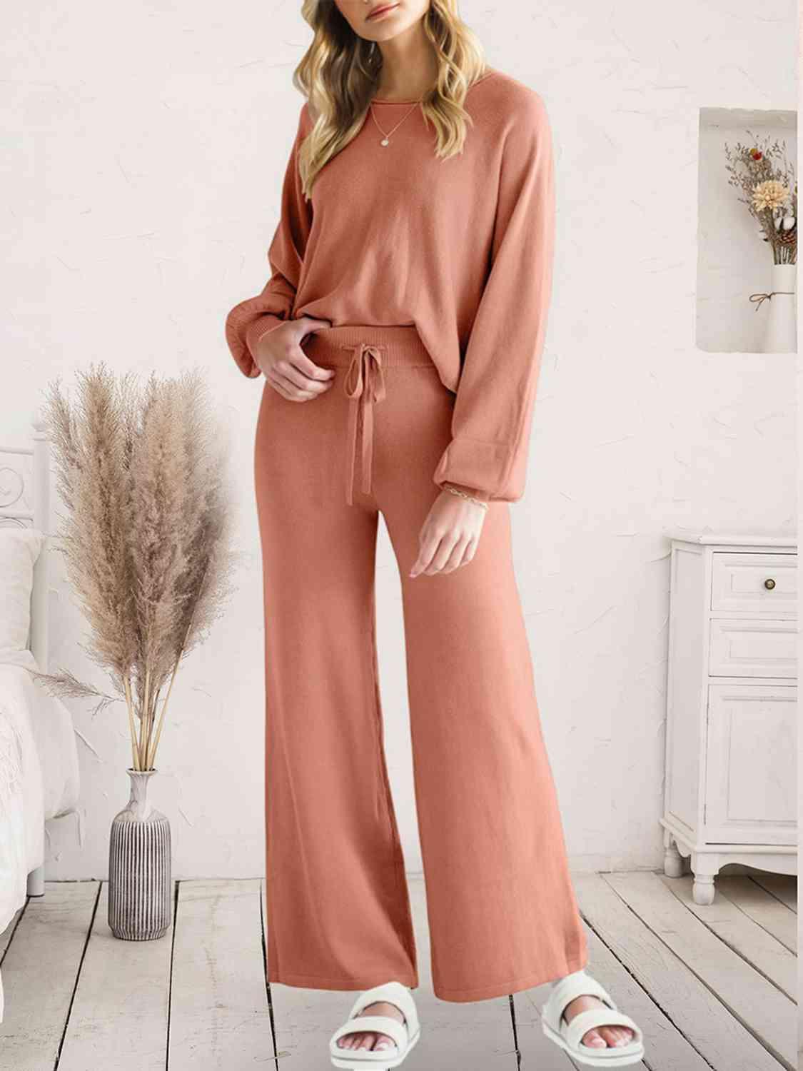 Long Sleeve Lounge Top and Drawstring Pants Set Carauana Store